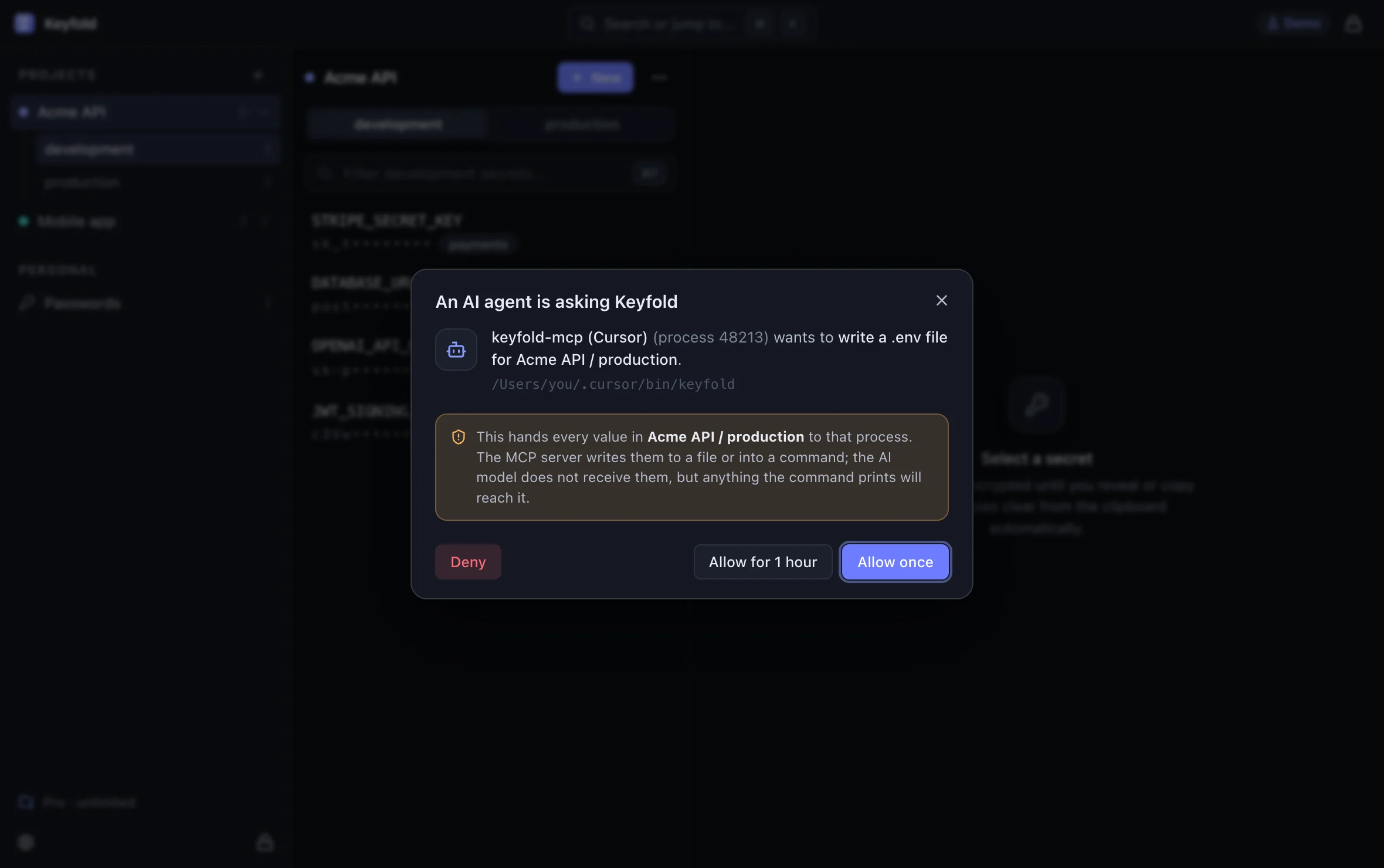 An AI agent asking Keyfold to write a .env file, with Deny, Allow for 1 hour and Allow once
