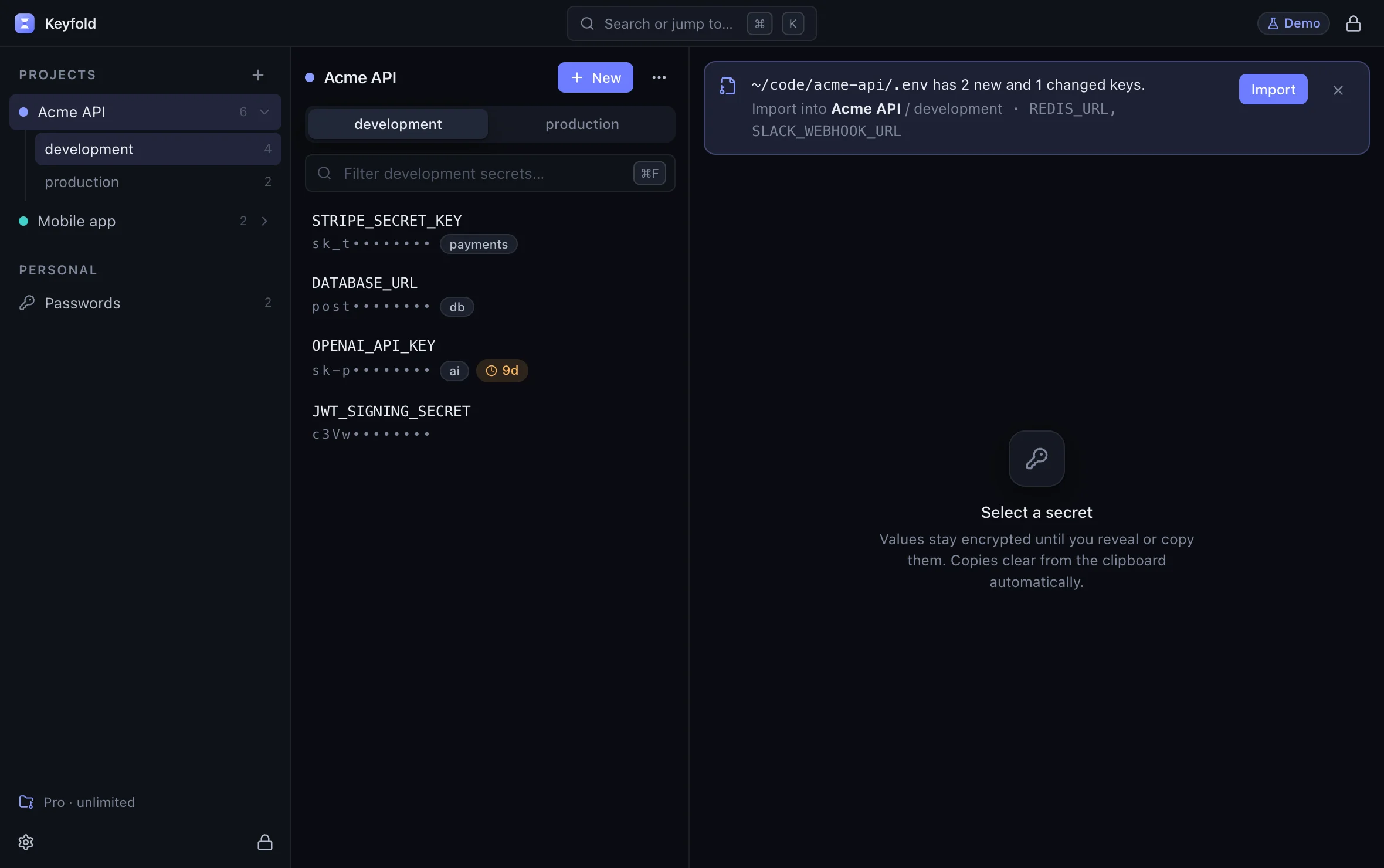 Keyfold noticing two new keys in a project's .env file
