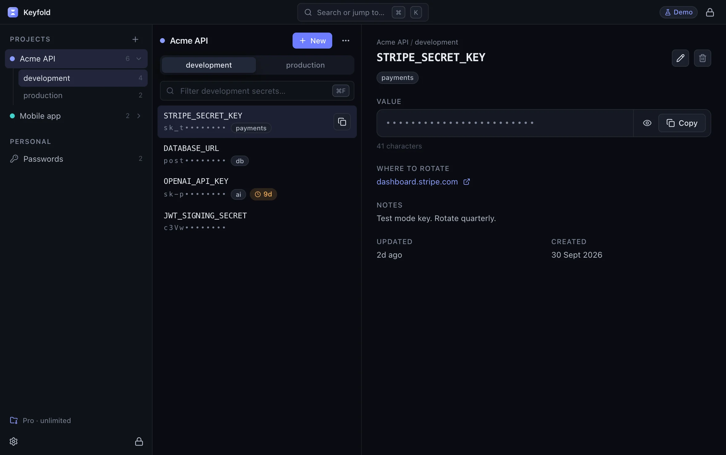 A Stripe secret key in the Acme API development environment